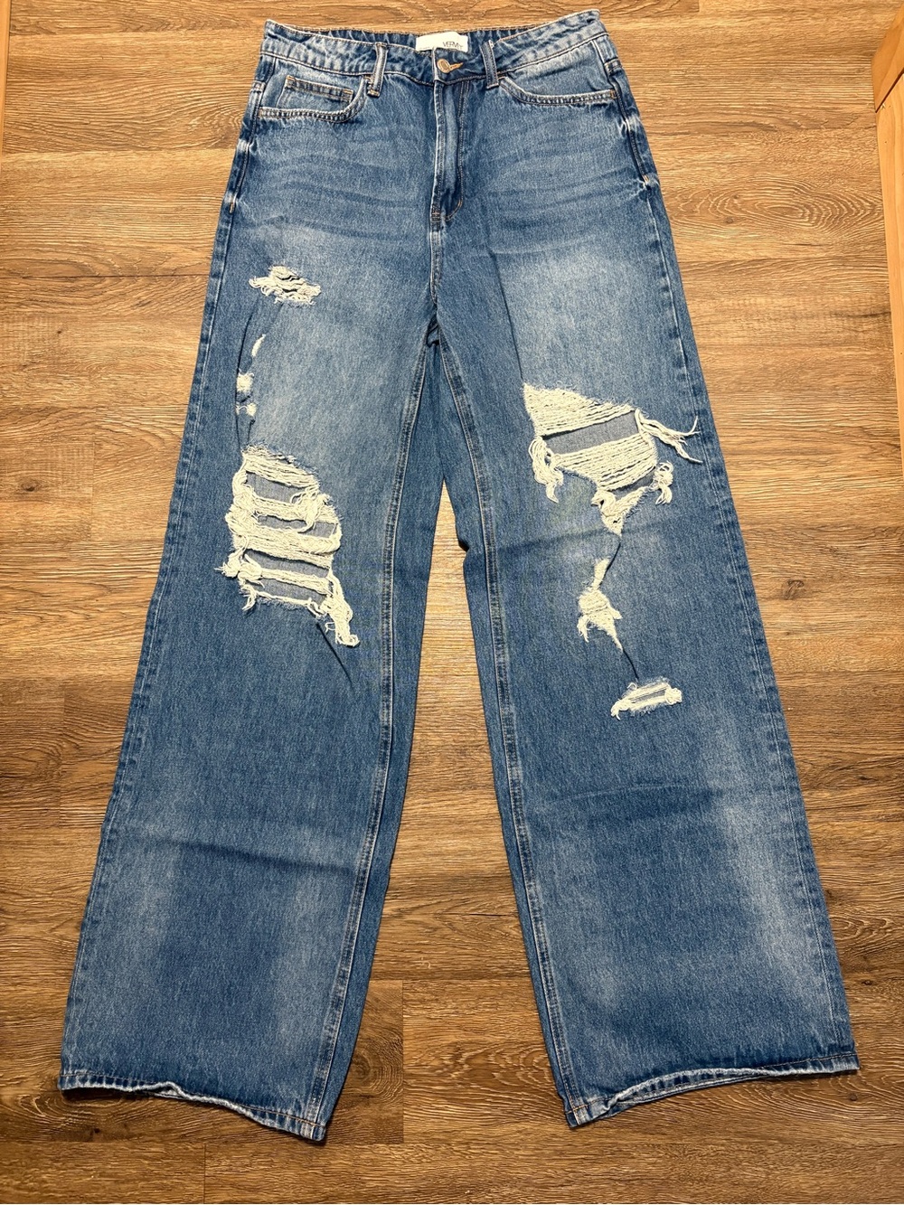Distressed High-Rise Wide Leg Jeans - Blue